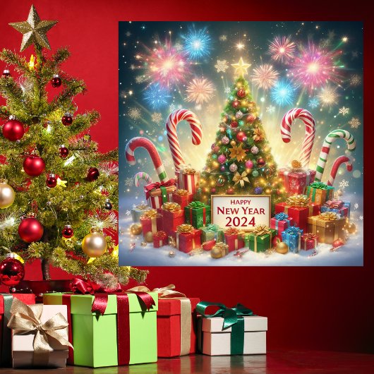 Cartes Pour Fêtes Annuelles Joyeux Nouvel An 2024 Feu d'artifice Arbre de Noël