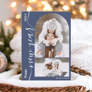 Cartes Pour Fêtes Annuelles Joyeux Nouvel An 3 arche photo moderne script bleu