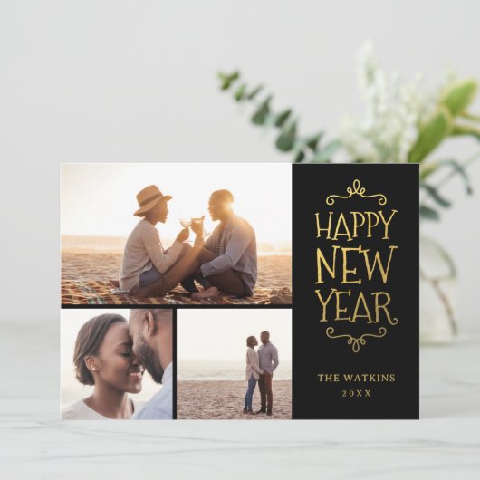 Cartes Pour Fêtes Annuelles Joyeux Nouvel An Faux Foil 3 Photo Collage (Debout devant)