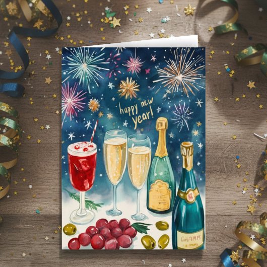 Cartes Pour Fêtes Annuelles JOYEUX NOUVEL AN Feux d'artifice bulleux aquarelle