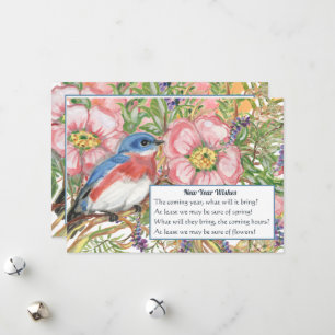 Cartes Pour Fêtes Annuelles Joyeux Nouvel An Floral Aquarelle Bleu Oiseau Poèm