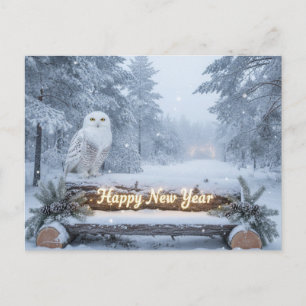 Cartes Pour Fêtes Annuelles Joyeux Nouvel An Hibou et Forêt d'Hiver