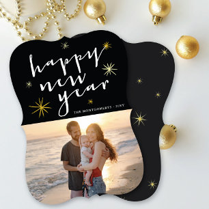 Cartes Pour Fêtes Annuelles Joyeux Nouvel An Script moderne Gold Starburst Pho