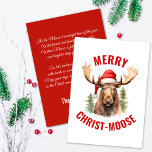 Cartes Pour Fêtes Annuelles Joyeux orignal de Noël<br><div class="desc">Découvrez l'esprit des vacances avec notre carte de Noël pleine de charme avec un adorable orignal portant un chapeau de Père Noël sur le devant, accompagné du salut "Joyeux Christ-orignal". À l’intérieur, vous trouverez un verset qui vous réchauffe le coeur et qui capte l’essence de la saison avec un peu...</div>
