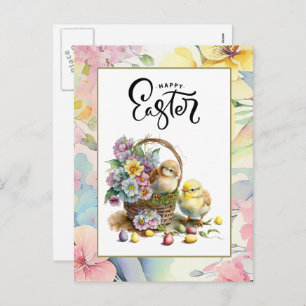 Cartes Pour Fêtes Annuelles Joyeux Pâques. Aquarelle Cute Chicks avec oeufs