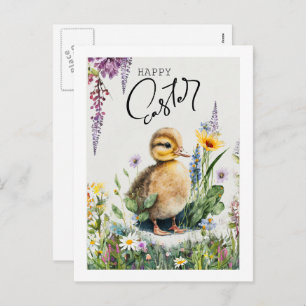 Cartes Pour Fêtes Annuelles Joyeux Pâques. Aquarelle Cute Duckkling
