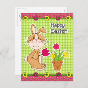 Cartes Pour Fêtes Annuelles Joyeux Pâques. Lapin mignon avec tulipes