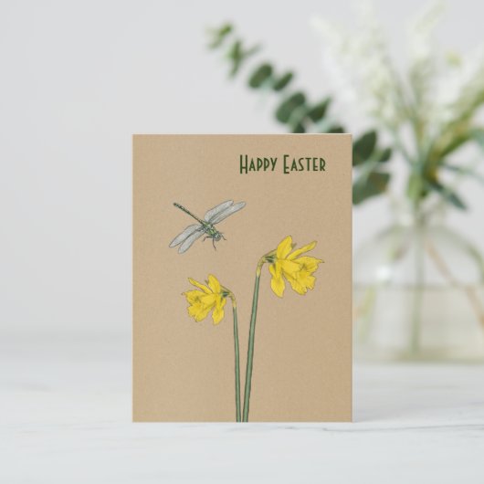 Cartes Pour Fêtes Annuelles Joyeux Pâques, narcisse, jonquille et libellule (Debout devant)