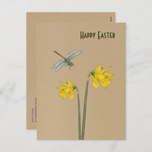 Cartes Pour Fêtes Annuelles Joyeux Pâques, narcisse, jonquille et libellule (Devant / Derrière)