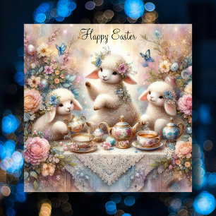 Cartes Pour Fêtes Annuelles Joyeux Pâques Pastel Floral Lamb Tea Party