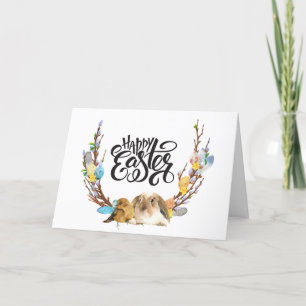Cartes Pour Fêtes Annuelles Joyeux Pâques Poule lapin avec branche de saule