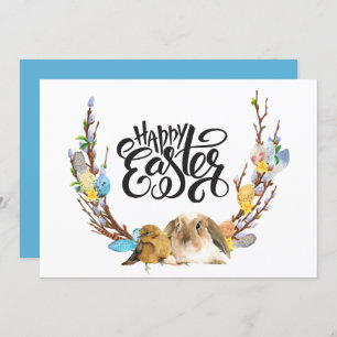 Cartes Pour Fêtes Annuelles Joyeux Pâques Poule lapin avec branche de saule