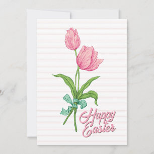 Cartes Pour Fêtes Annuelles Joyeux Pâques rose Tulipe Fleur Bow Stripes Printe