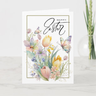 Cartes Pour Fêtes Annuelles Joyeux Pâques. Tulipes d'aquarelle et papillon