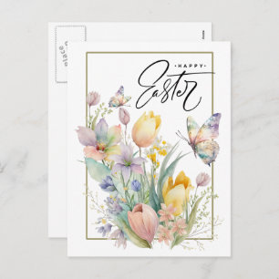 Cartes Pour Fêtes Annuelles Joyeux Pâques. Tulipes d'aquarelle et papillon