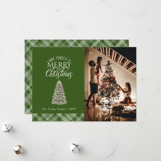 Cartes Pour Fêtes Annuelles Joyeux Petit Arbre de Noël Vert Plaid (Devant/Arrière en situation)