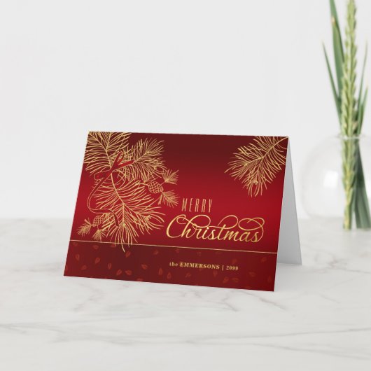 Cartes Pour Fêtes Annuelles Joyeux pins rouges et dorés de Noël avec nom (Devant)