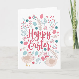 Cartes Pour Fêtes Annuelles Joyeux poulets et fleurs de Pâques