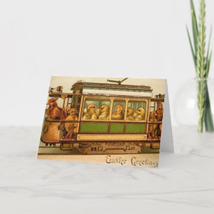 Cartes Pour Fêtes Annuelles Joyeux poussins de Pâques dans un chariot avec des