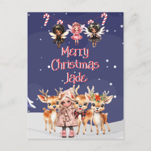 Cartes Pour Fêtes Annuelles Joyeux rennes de Noël Peppermenthe Fairy avec nom