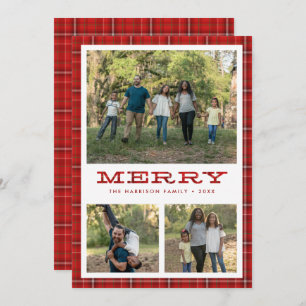Cartes Pour Fêtes Annuelles Joyeux rouge Plaid Trois photos Noël