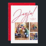 Cartes Pour Fêtes Annuelles Joyeux rouge trois photo famille Noël<br><div class="desc">Cette carte de Noël de famille de trois photos présente un grand script moderne "joyful" en rouge au-dessus d'un collage de trois photos. La variété de formes et de tailles est parfaite pour montrer les temps forts de l'année ou le meilleur de la séance photo familiale. Le rouge festif est...</div>