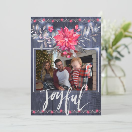 Cartes Pour Fêtes Annuelles Joyeux Rustic Blue Grange Bois Noël 3 Photos (Debout devant)