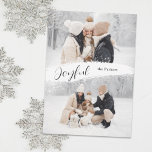 Cartes Pour Fêtes Annuelles Joyeux Script avec Snowy Brushstroke 2 photo<br><div class="desc">Design de vacances minimaliste moderne avec modèles photo haut et bas avec pinceau blanc centre flake,  calligraphie de script "Joyful" et champ de texte modifiable.</div>