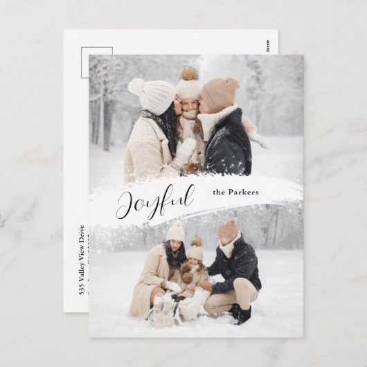 Cartes Pour Fêtes Annuelles Joyeux Script avec Snowy Brushstroke 2 photo (Devant / Derrière)