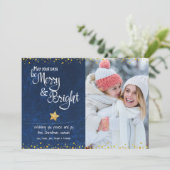 Cartes Pour Fêtes Annuelles Joyeux Script Bright Photo Blue Gold Star Parties (Debout devant)