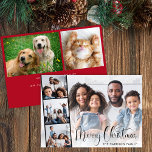 Cartes Pour Fêtes Annuelles Joyeux script de Noël<br><div class="desc">Carte de vacances moderne avec votre photo superposée avec une bande de film de trois petites photos carrés,  "Joyeux Noël" dans un script festif et votre nom dans une simple typographie. Ajoutez deux photos supplémentaires au dos et votre message saisonnier customisé.</div>