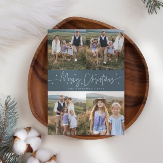 Cartes Pour Fêtes Annuelles Joyeux Script de Noël Ardoise Bleu Multi Photo