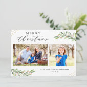 Cartes Pour Fêtes Annuelles Joyeux script de Noël Berries Foliage 2 Photos (Debout devant)