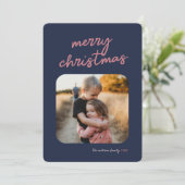 Cartes Pour Fêtes Annuelles Joyeux script de Noël bleu rose 1 photo (Debout devant)