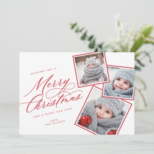 Cartes Pour Fêtes Annuelles Joyeux script de Noël intitulé Multi-Photo RED (Debout devant)