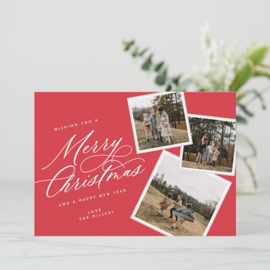 Cartes Pour Fêtes Annuelles Joyeux script de Noël intitulé Multi-Photo RED (Debout devant)
