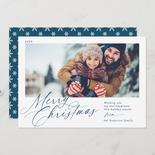 Cartes Pour Fêtes Annuelles Joyeux script de Noël Marine bleu et blanc 1 photo (Devant / Derrière)