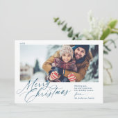 Cartes Pour Fêtes Annuelles Joyeux script de Noël Marine bleu et blanc 1 photo (Debout devant)