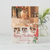 Cartes Pour Fêtes Annuelles Joyeux Script de Noël, Poinsettia, Rustique 4-Phot (Debout devant)