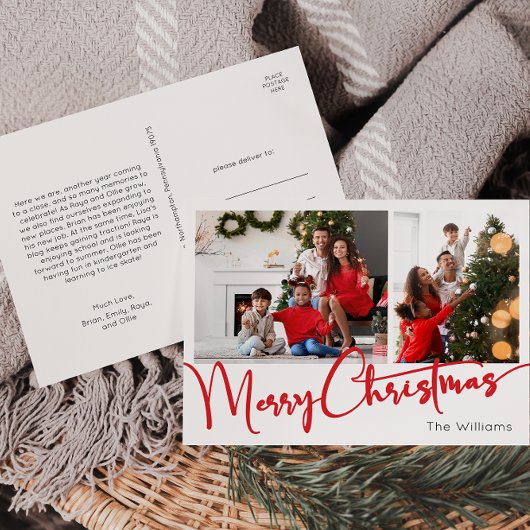 Cartes Pour Fêtes Annuelles Joyeux script rouge Noël Deux photos