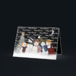 Cartes Pour Fêtes Annuelles Joyeux Snowmen De Noël Dans Les Snowflakes<br><div class="desc">De mignons bonhomme de neige en flocons de neige avec le texte "Joyeux Noël" sur le noir avec des flocons de neige,  une lune de croissant et un pin blanc. La couleur Arrière - plan peut être modifiée.</div>