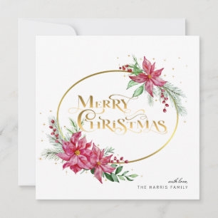 Cartes Pour Fêtes Annuelles Joyeux texte de Noël or avec Poinsettias et Pine