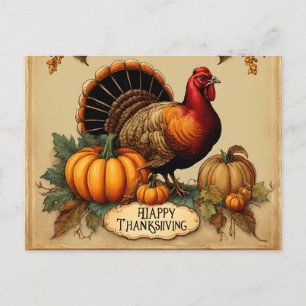 Cartes Pour Fêtes Annuelles Joyeux Thanksgiving Dinde Vintage, Citrouilles 