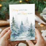 Cartes Pour Fêtes Annuelles Joyeux Tout Heureux Toujours Arbres d'Hiver Plat<br><div class="desc">Arbres d'hiver aquarelle dans des nuances de vert associés à des cartes de vacances avec script et typographie moderne.</div>