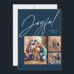 Cartes Pour Fêtes Annuelles Joyeux trois photo marine bleu famille Noël<br><div class="desc">Cette carte de Noël familiale présente un grand script moderne "joyeux" au-dessus d'un collage de trois photos. La variété de formes et de tailles est parfaite pour montrer les temps forts de l'année ou le meilleur de la séance photo familiale. L'arrière - plan bleu marine classique est assorti au dos...</div>