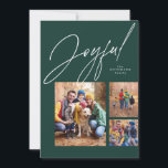 Cartes Pour Fêtes Annuelles Joyeux trois photo vert famille Noël<br><div class="desc">Cette carte de Noël familiale présente un grand script moderne "joyeux" au-dessus d'un collage de trois photos. La variété de formes et de tailles est parfaite pour montrer les temps forts de l'année ou le meilleur de la séance photo familiale. L'arrière - plan festif vert de forêt est assorti au...</div>