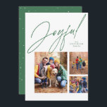 Cartes Pour Fêtes Annuelles Joyeux trois photo verte famille Noël<br><div class="desc">Cette carte de Noël familiale présente un grand script moderne "joyeux" au-dessus d'un collage de trois photos. La variété de formes et de tailles est parfaite pour montrer les temps forts de l'année ou le meilleur de la séance photo familiale. La couleur vert vif est assortie au dos de la...</div>