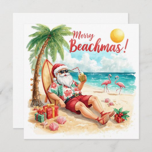 Cartes Pour Fêtes Annuelles Joyeux vacances été Père Noël à la plage (Devant / Derrière)