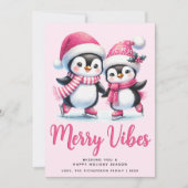 Cartes Pour Fêtes Annuelles Joyeux Vibes Patinage sur glace Pingouins Noël ros (Devant)