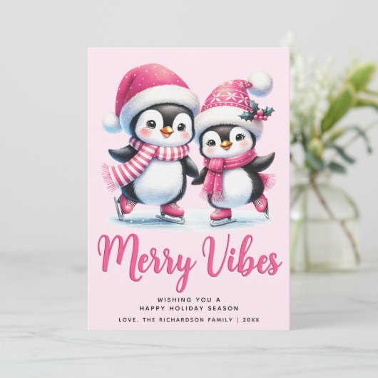 Cartes Pour Fêtes Annuelles Joyeux Vibes Patinage sur glace Pingouins Noël ros (Debout devant)